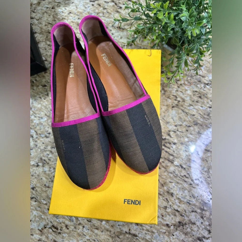 Fendi Pequin Striped Canvas Espadrille Flat, Pink Black Brown 39
